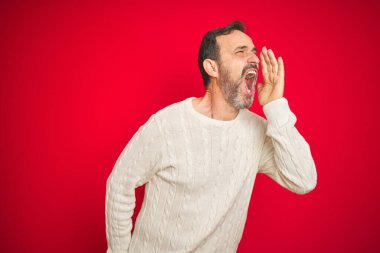 Yakışıklı orta yaşlı, gri saçlı, izole edilmiş kırmızı arka planı olan ve el ve ağızdan ağıza bağıran bir adam. İletişim konsepti.