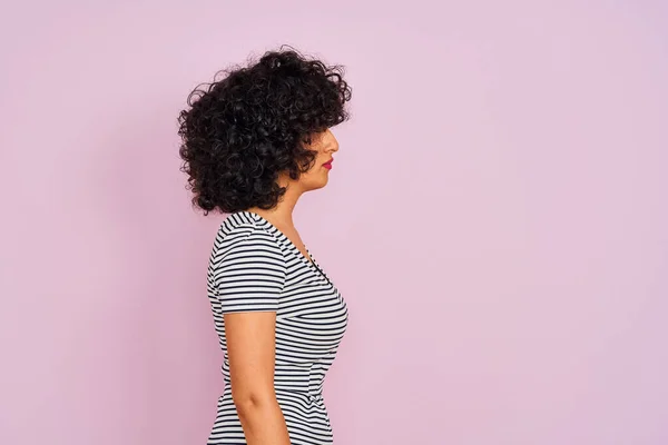 Young Arab Woman Curly Hair Wearing Striped Dress Isolated Pink — Stock Photo, Image