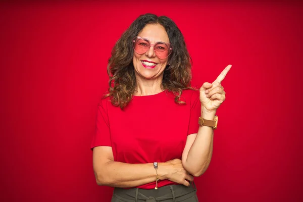 Middle Age Senior Woman Wearing Cute Heart Shaped Glasses Red — Stock Photo, Image