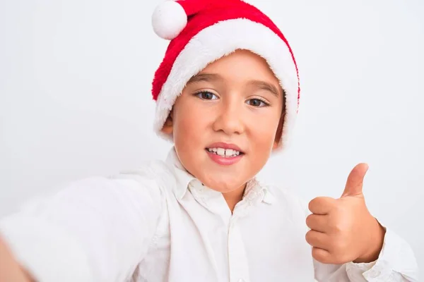 Beautiful Kid Boy Wearing Christmas Santa Hat Make Selfie Isolated — Stock Photo, Image