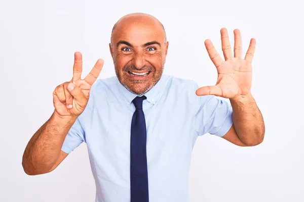 Empresário Meia Idade Vestindo Gravata Sobre Fundo Branco Isolado Mostrando — Fotografia de Stock