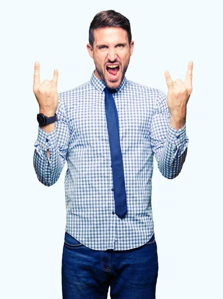 Handsome Business Man Wearing Tie Shouting Crazy Expression Doing Rock — Stock Photo, Image
