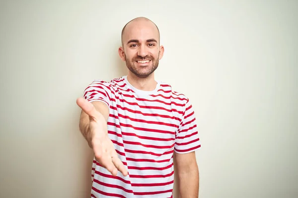 Young Bald Man Beard Wearing Casual Striped Red Shirt White — Stockfoto