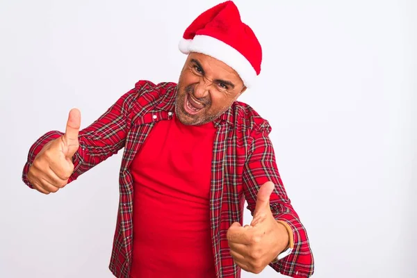 Muž Středního Věku Vánočním Klobouku Santa Stojí Nad Izolovaným Bílým — Stock fotografie