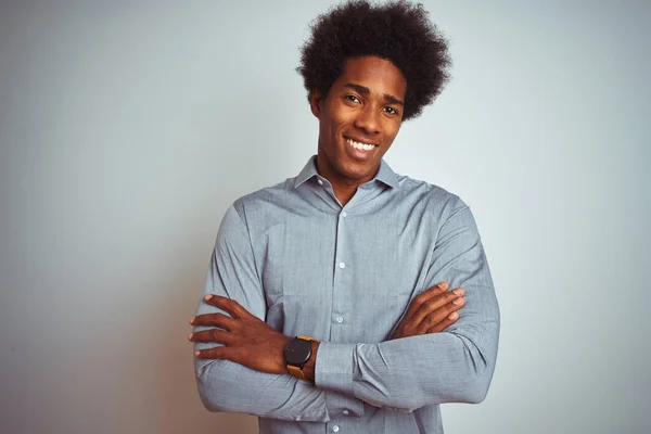 Junger Afrikanisch Amerikanischer Mann Mit Afro Haaren Graues Hemd Über — Stockfoto