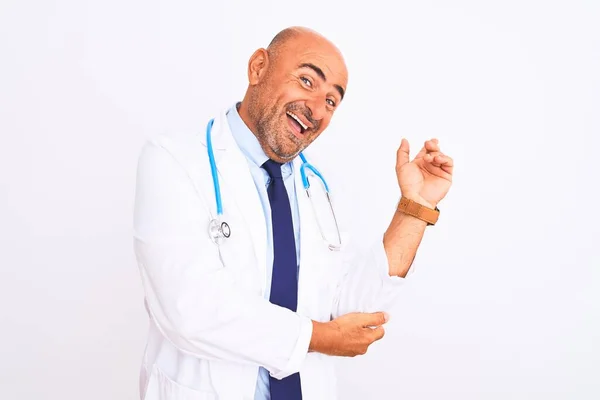 Middle Age Doctor Man Wearing Stethoscope Tie Standing Isolated White — Stock Photo, Image