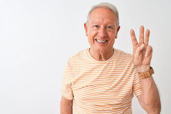 Senior Grijs Harige Man Draagt Gestreept Shirt Staan Geïsoleerde Witte — Stockfoto