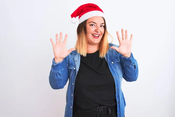 Joven Hermosa Mujer Con Sombrero Navidad Santa Pie Sobre Fondo —  Fotos de Stock