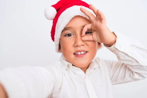 Beautiful Kid Boy Wearing Christmas Santa Hat Make Selfie Isolated — Stock Photo, Image