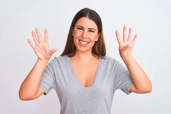 Portrait Beautiful Young Woman Standing Isolated White Background Showing Pointing — Stock Photo, Image