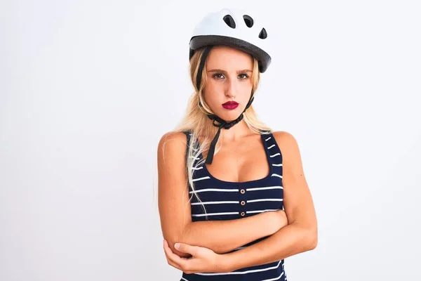 Jovem Mulher Bonita Usando Capacete Bicicleta Sobre Fundo Branco Isolado — Fotografia de Stock