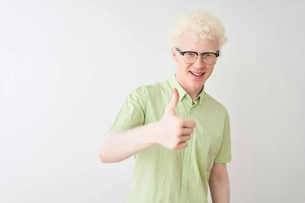 Young Albino Blond Man Wearing Green Shirt Glasses Isolated White — Stock Photo, Image