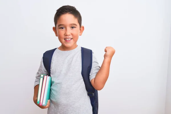 Hermoso Niño Estudiante Con Mochila Sosteniendo Libros Sobre Fondo Blanco —  Fotos de Stock