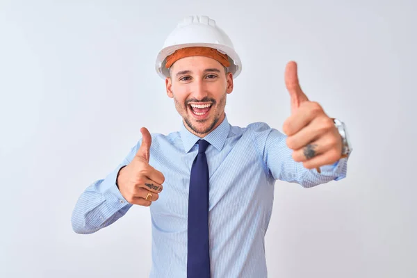 Young Business Man Wearing Contractor Safety Helmet Isolated Background Approving — Stock Photo, Image