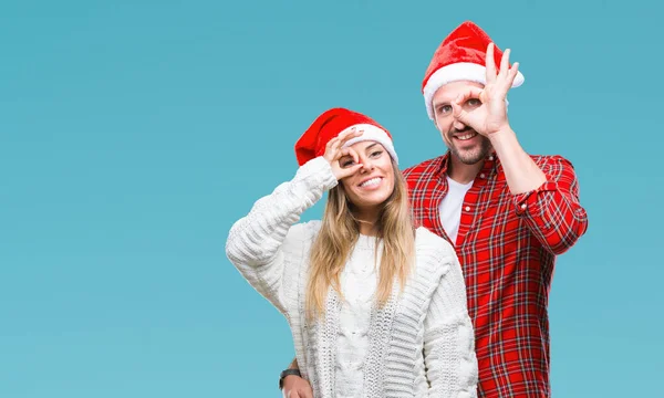 Young Couple Love Wearing Christmas Hat Isolated Background Doing Gesture — Stock Photo, Image