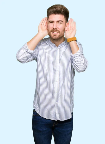Young Handsome Man Trying Hear Both Hands Ear Gesture Curious — Stock Photo, Image