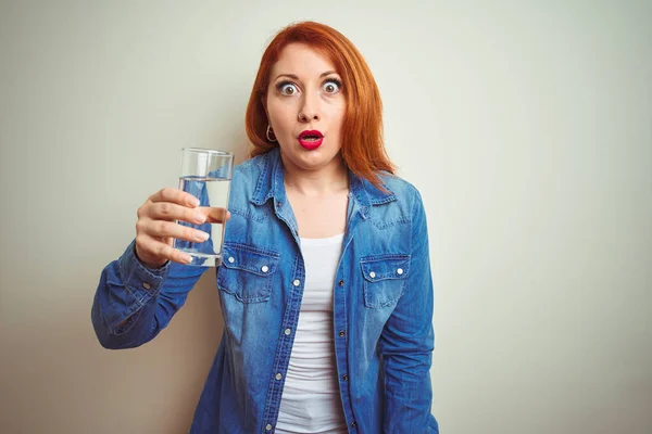 Young Beautiful Redhead Woman Drinking Glass Water White Isolated Background — Stock Photo, Image