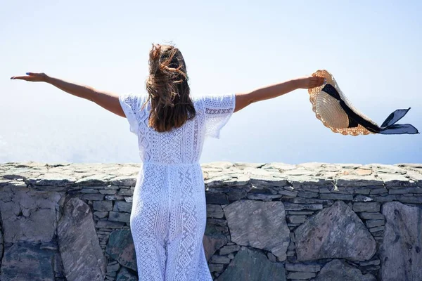 Young Beautiful Woman Enjoying Freedom Open Arms Sunbathing Sunny Day — Stock Photo, Image