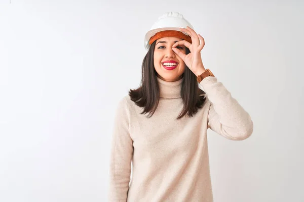 Joven Arquitecta China Con Casco Seguridad Sobre Fondo Blanco Aislado — Foto de Stock