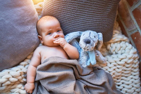 Adorable Bebé Acostado Sofá Sobre Una Manta Casa Recién Nacido —  Fotos de Stock