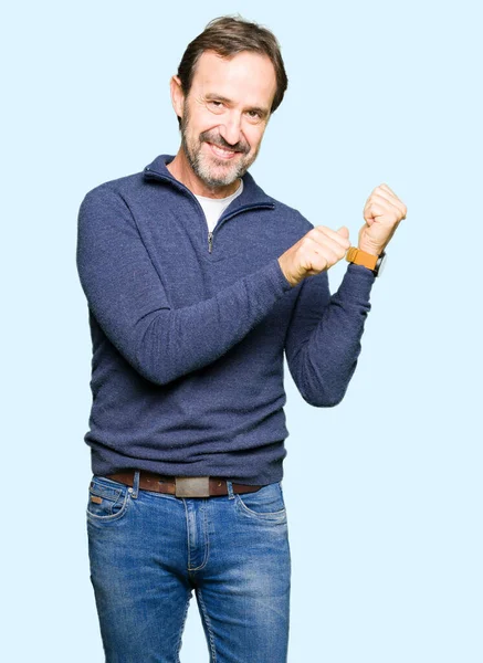 Middle Age Handsome Man Wearing Sweater Pointing Back Hand Thumbs — Stock Photo, Image