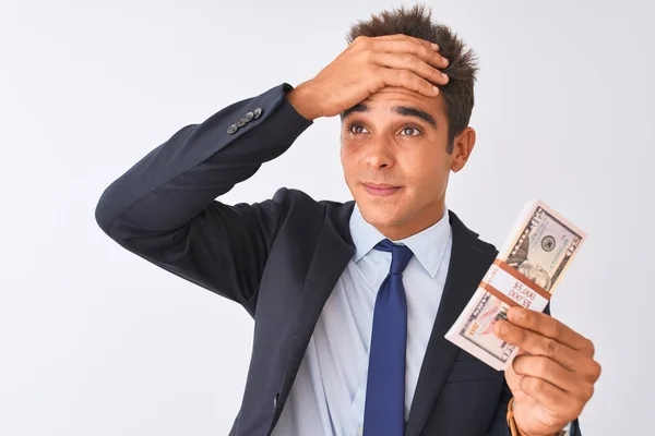 Young Handsome Businessman Wearing Suit Holding Dollars Isolated White Background — Stock Photo, Image