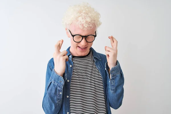 Young Albino Blond Man Wearing Denim Shirt Glasses Isolated White — Stockfoto