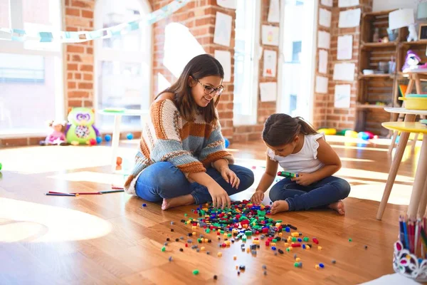 Beautiful Teacher Toddler Playing Building Blocks Toy Lots Toys Kindergarten — Stock Photo, Image