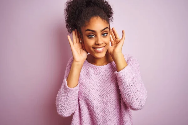 Young African American Woman Wearing Winter Sweater Standing Isolated Pink — Stock Photo, Image