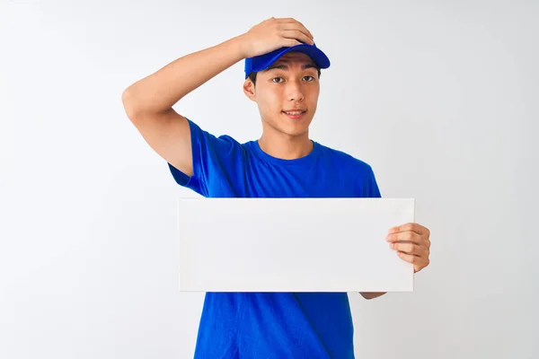 Chinese Deliveryman Wearing Cap Holding Banner Standing Isolated White Background — Stock Photo, Image