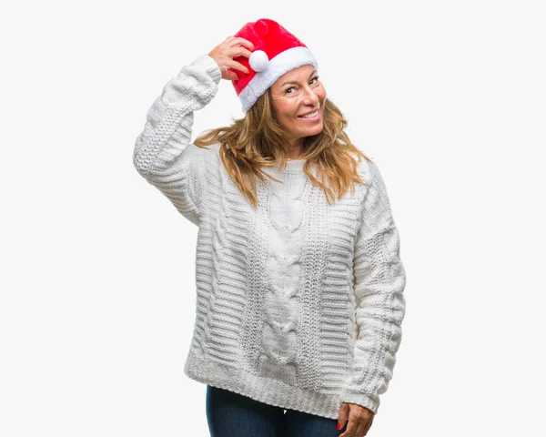 Ältere Hispanische Frau Mittleren Alters Mit Weihnachtsmütze Über Isoliertem Hintergrund — Stockfoto