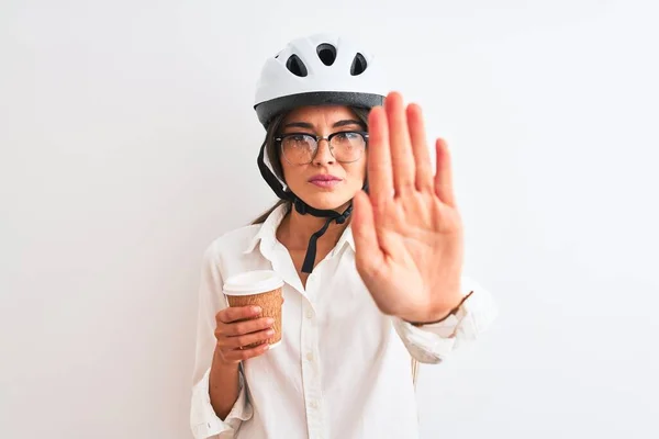 Bella Donna Affari Che Indossa Casco Bici Bere Caffè Sfondo — Foto Stock