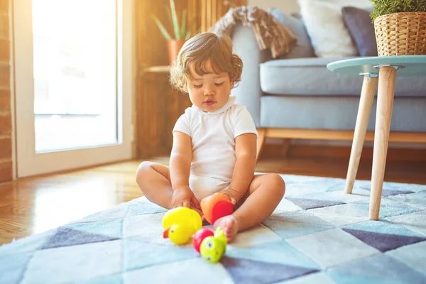 Beautiful Toddler Child Girl Playing Toys Carpet — Stock Photo, Image