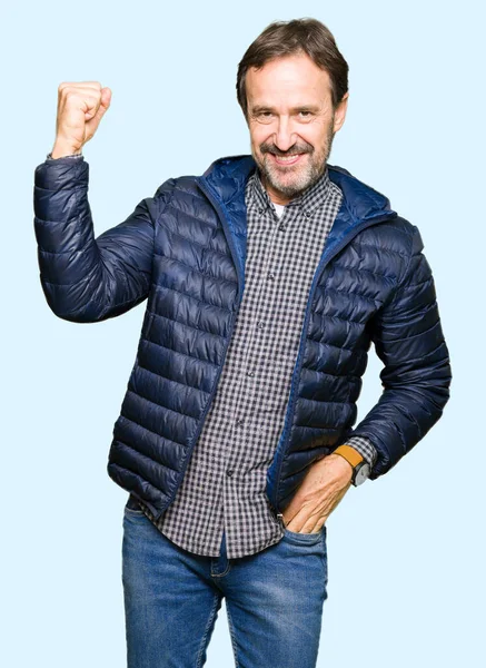 Middle Age Handsome Man Wearing Winter Coat Strong Person Showing — Stock Photo, Image