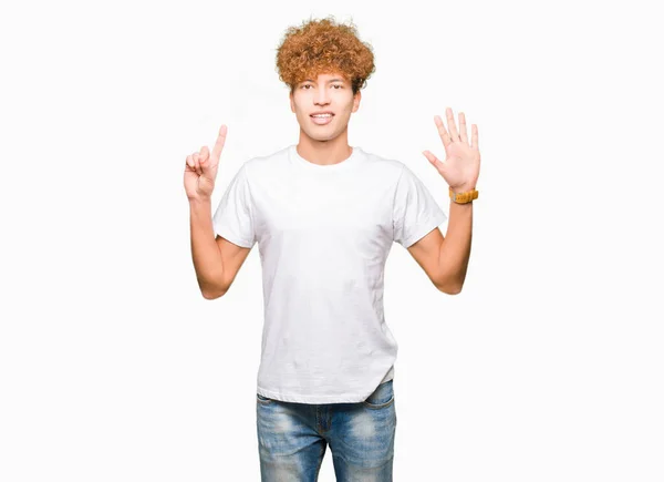 Young Handsome Man Afro Hair Wearing Casual White Shirt Showing — Stock Photo, Image