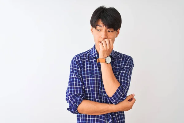 Young Chinese Man Wearing Casual Blue Shirt Standing Isolated White — Stock Photo, Image
