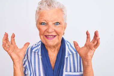 Yaşlı, gri saçlı, mavi çizgili tişörtlü bir kadın izole edilmiş beyaz arka planda mutlu ve heyecanlı duruyor. Kazanan ifade zaferi büyük bir gülümsemeyle kutluyor ve ellerini kaldırıyor.