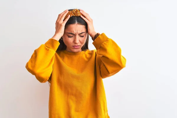 Young Beautiful Woman Wearing Yellow Sweater Diadem Isolated White Background — Stok fotoğraf