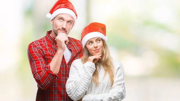 Giovane Coppia Innamorata Indossa Cappello Natale Sfondo Isolato Con Mano — Foto Stock