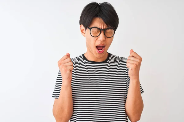 Chinese Man Wearing Glasses Navy Striped Shirt Standing Isolated White — ストック写真