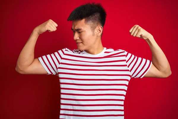 年轻的亚裔男子穿着条纹T恤 站在孤立的红色背景上 露出胳膊肌肉的笑容 感到自豪 健康概念 — 图库照片