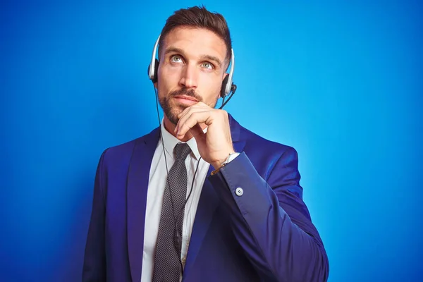 Young Handsome Operator Man Wearing Call Center Headset Blue Isolated — Stock Photo, Image