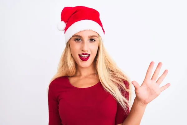 Jonge Mooie Vrouw Dragen Kerstman Hoed Geïsoleerde Witte Achtergrond Tonen — Stockfoto