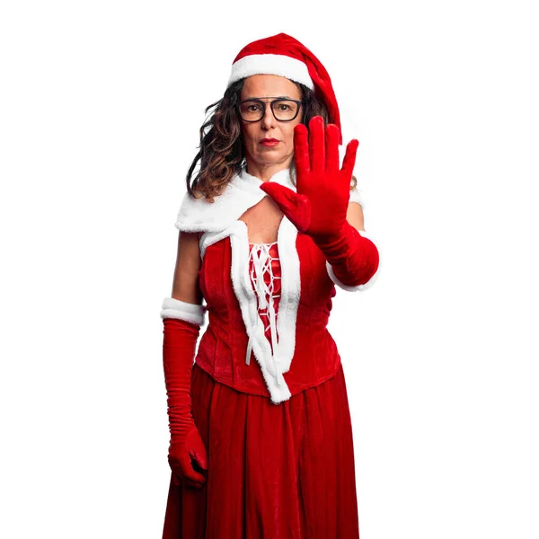 Mujer Mediana Edad Con Traje Santa Claus Haciendo Dejar Cantar —  Fotos de Stock