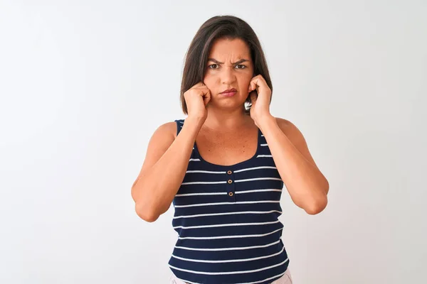 Junge Schöne Frau Blau Gestreiftem Shirt Das Über Isoliertem Weißem — Stockfoto