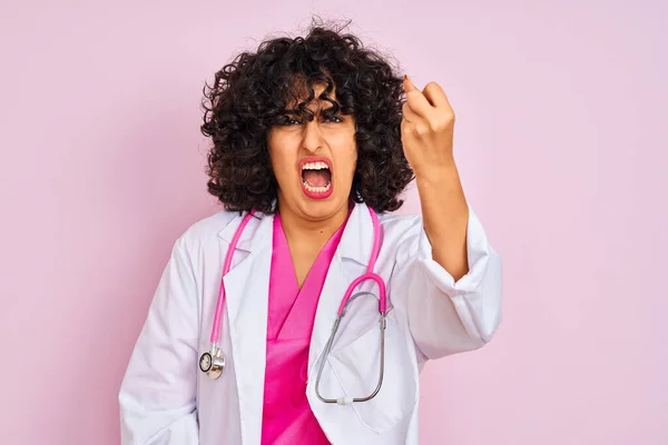 Young Arab Doctor Woman Curly Hair Wearing Stethoscope Isolated Pink — Stock Photo, Image