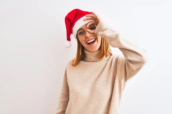 Bella Donna Rossa Che Indossa Cappello Natale Sfondo Isolato Facendo — Foto Stock
