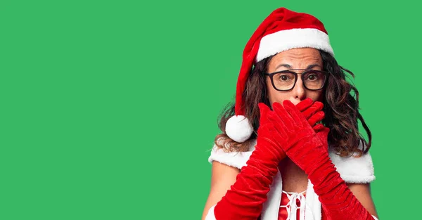 Middle Age Woman Wearing Santa Claus Costume Shocked Covering Mouth — Stock Photo, Image