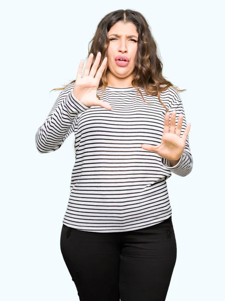 Junge Schöne Frau Streifen Pullover Angst Und Angst Mit Angst — Stockfoto