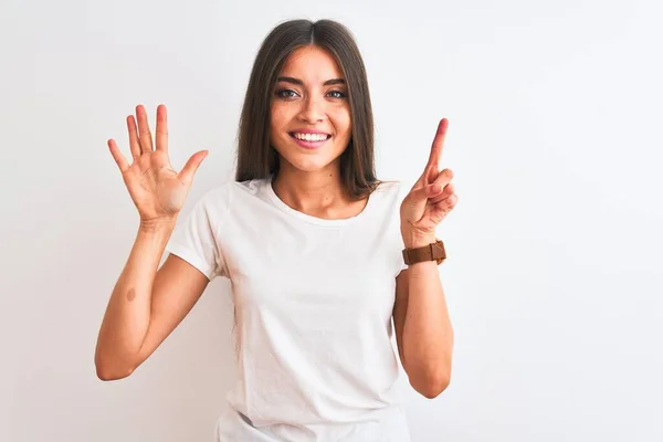 Jovem Bela Mulher Vestindo Casual Shirt Sobre Isolado Fundo Branco — Fotografia de Stock